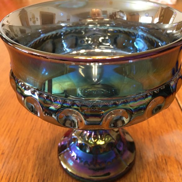 Kings Crown Blue Iridescent Carnival Glass Pedestal Candy Dish - Picture 6 of 10